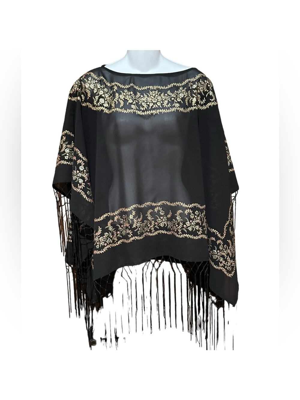 Zashi Sheer Black Cape with Gold Trim and Fringe One Size Fits Most
